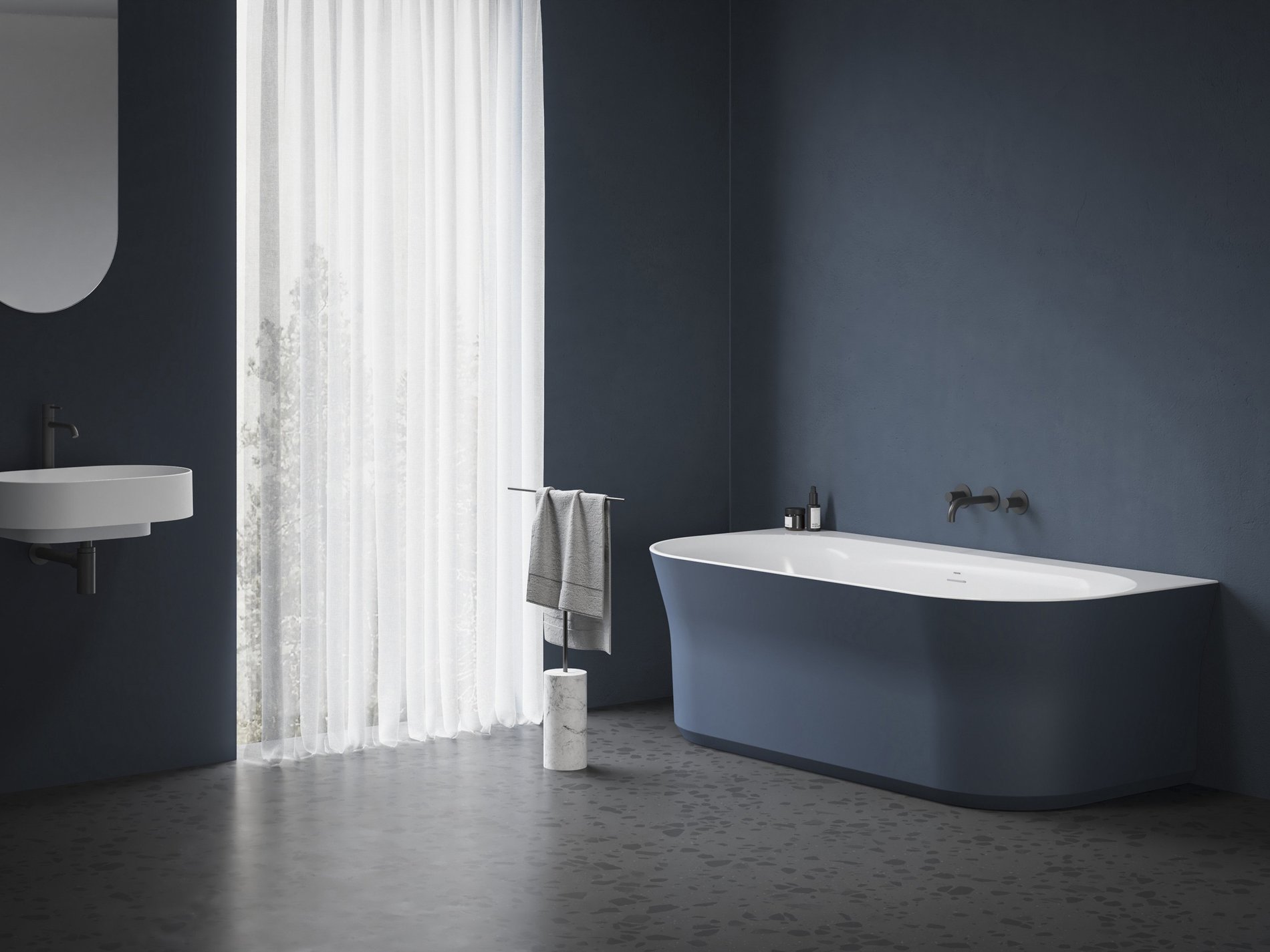 RAVAK XC00100070 Ypsilon Wall 178x86, akrilkád, Deepsea Blue/fehér, szabadonálló, fehér/fekete/króm lefolyó
